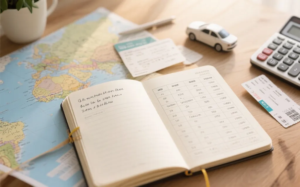 旅行预算规划桌面：笔记本、地图、车票与计算器的静物构图